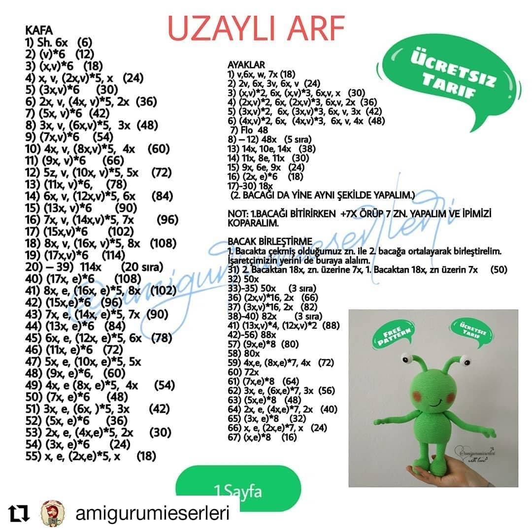 Ücretsiz Uzaylı Amigurumi Yapımı Şeması