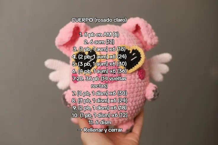 "Amorito, el cerdito volador": Patrón de crochet tierno para hilo velvet o chenille