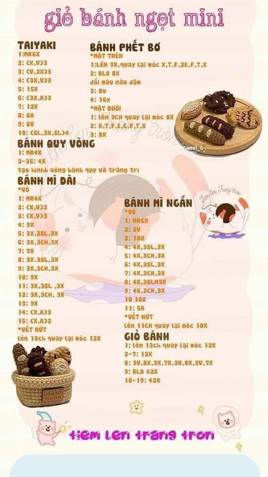 bánh mì kẹp xúc xích,  crossant bông, bánh kem hạt dẻ, bánh mì nướng xúc xích, giỏ bánh ngọt mini, fried egg