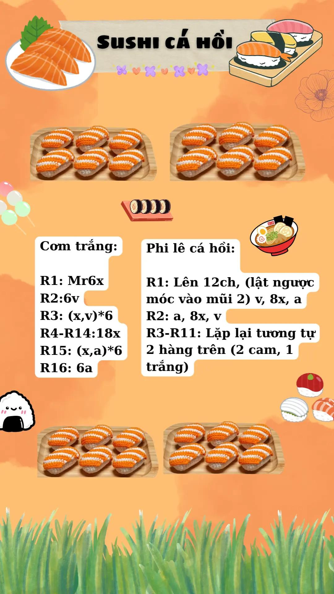 bé sủi cảo, sushi cá hồi, kem ốc quế