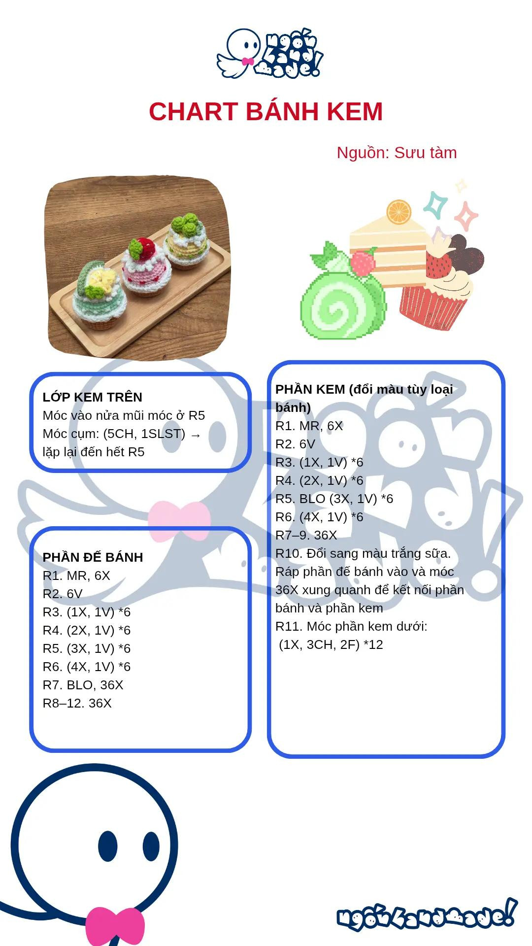Chart hướng dẫn móc len bánh kem với các bước chi tiết.