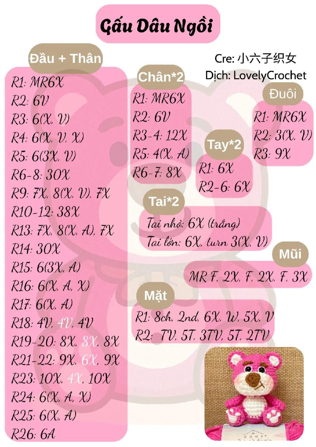 chart móc gấu dâu ngồi