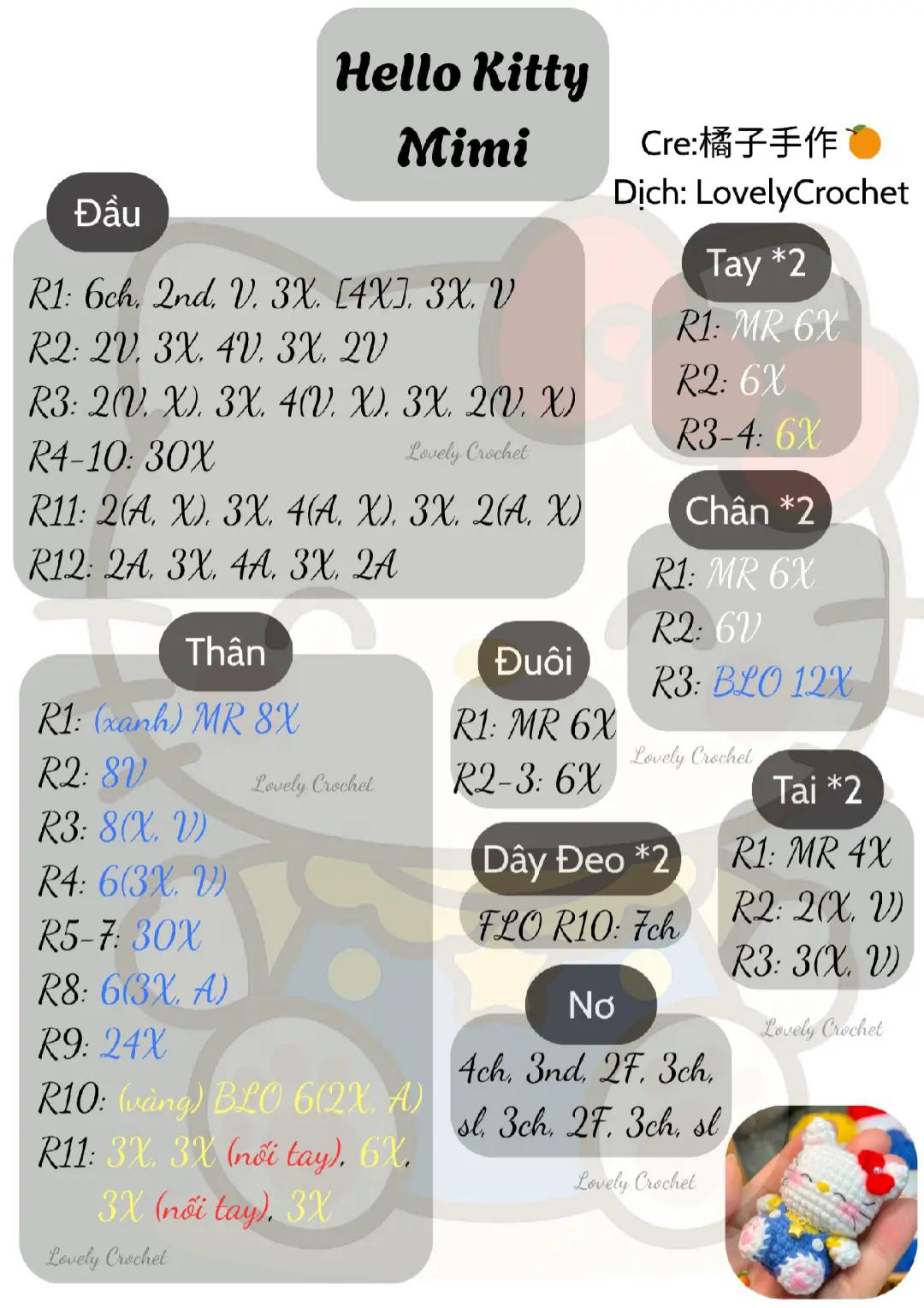 Chart móc len amigurumi Hello Kitty Mimi dễ thương và đáng yêu