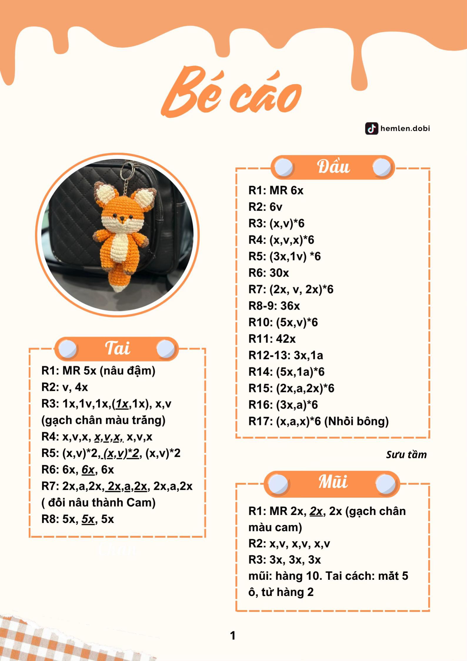 Chart móc len búp bê cáo đáng yêu làm móc khóa