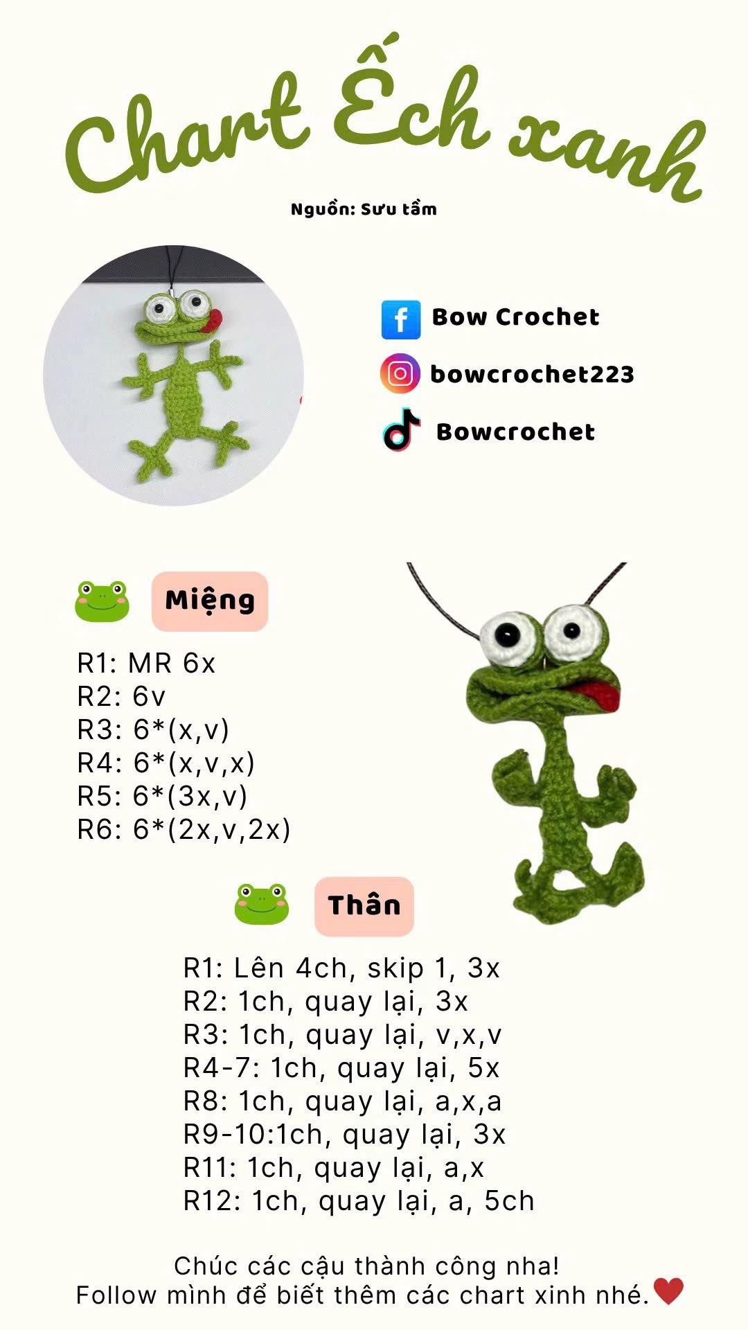 Chart móc len hình ếch xanh dễ thương cho người mới bắt đầu