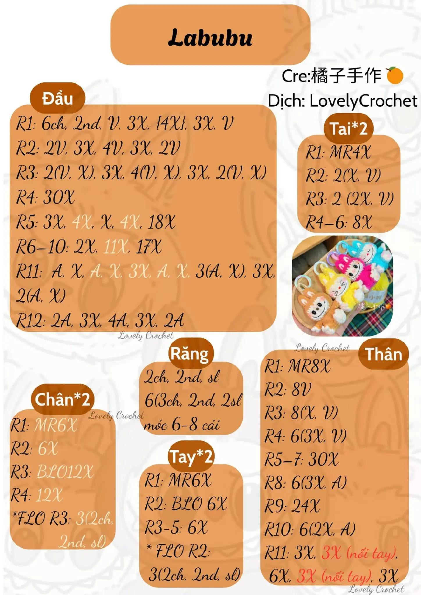 Chart móc len hướng dẫn làm móc khóa thú bông Labubu đáng yêu
