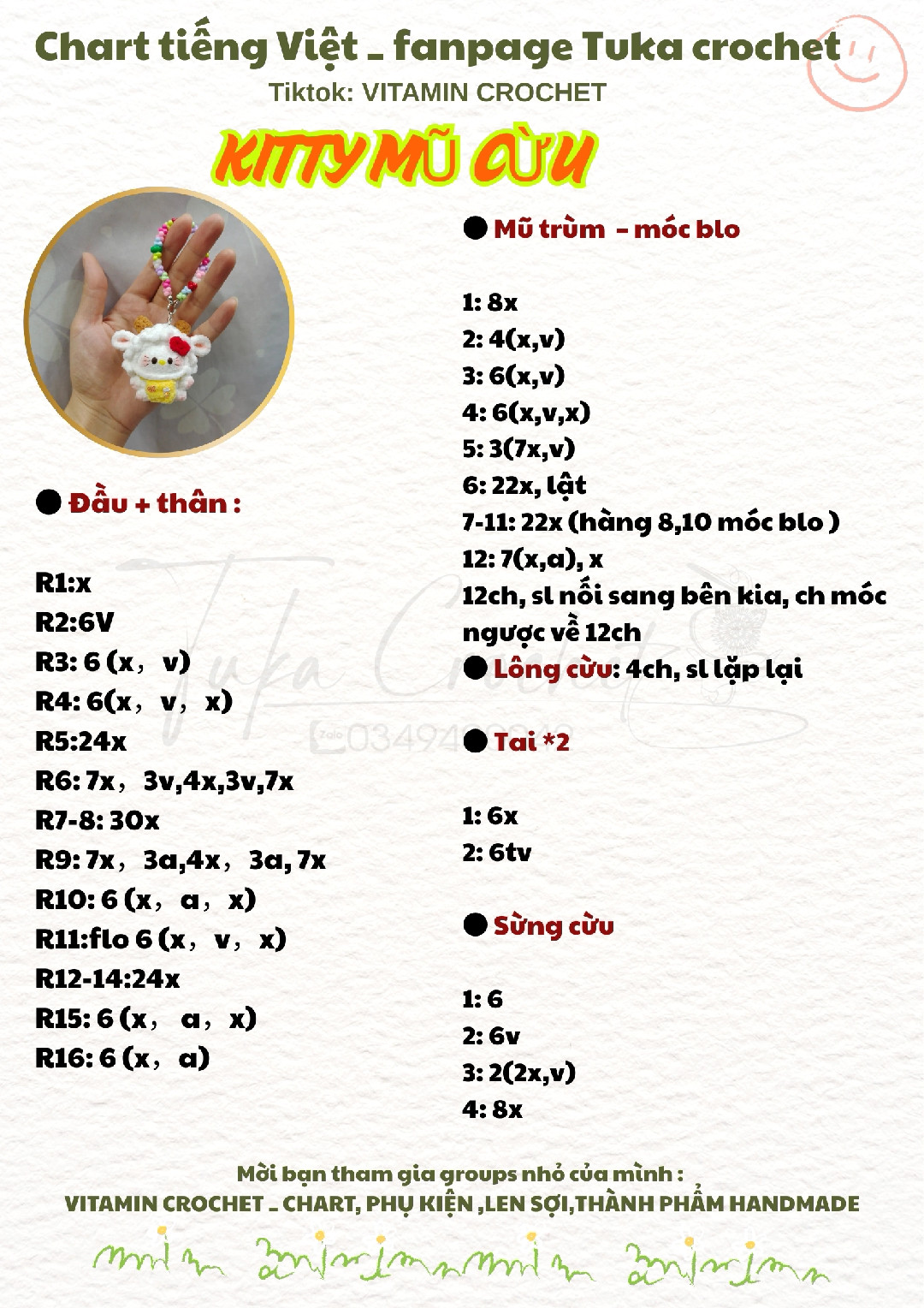 Chart móc len Kitty đội mũ cừu dễ thương và đầy màu sắc