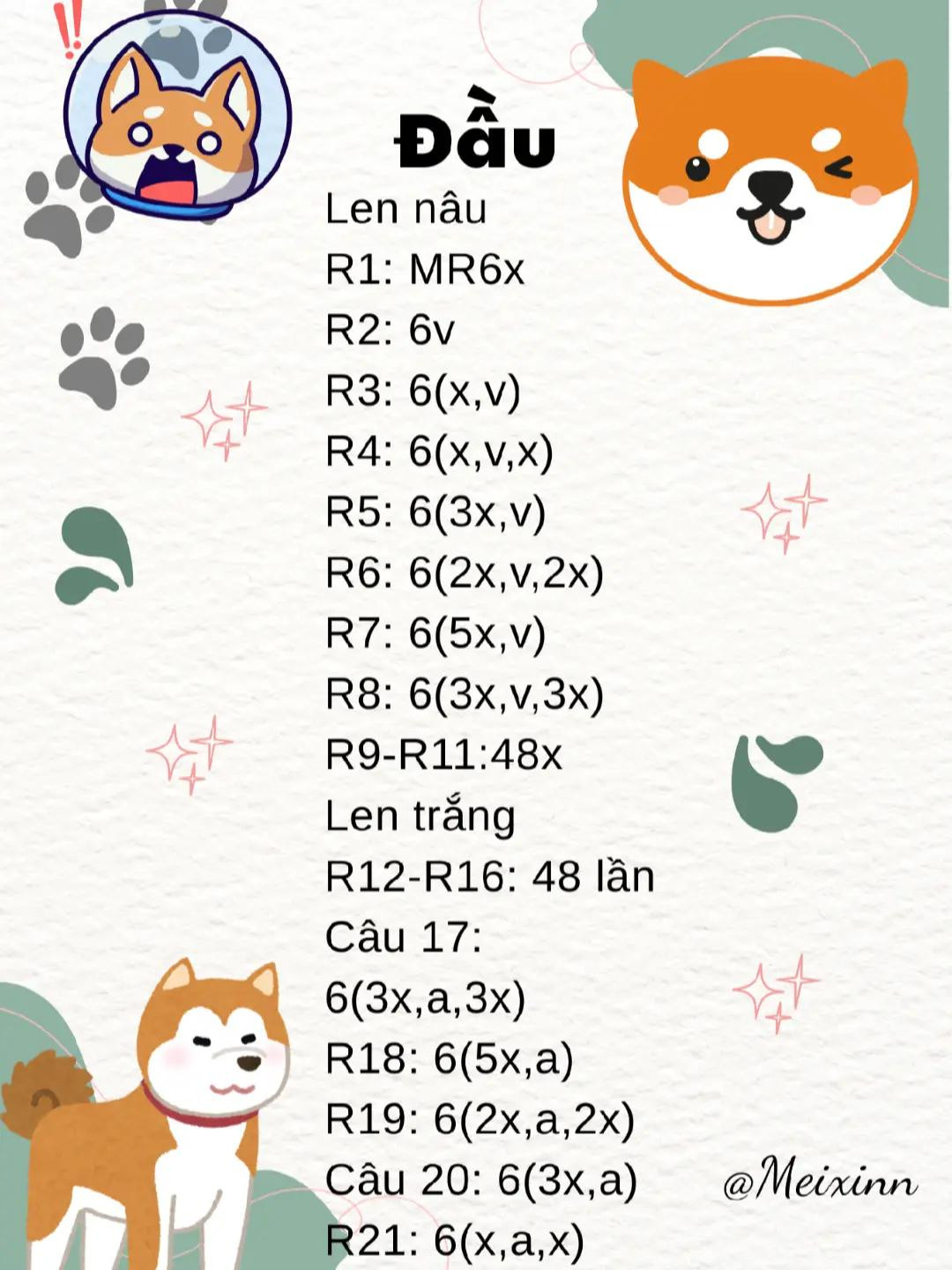chart móc len shiba mặc váy