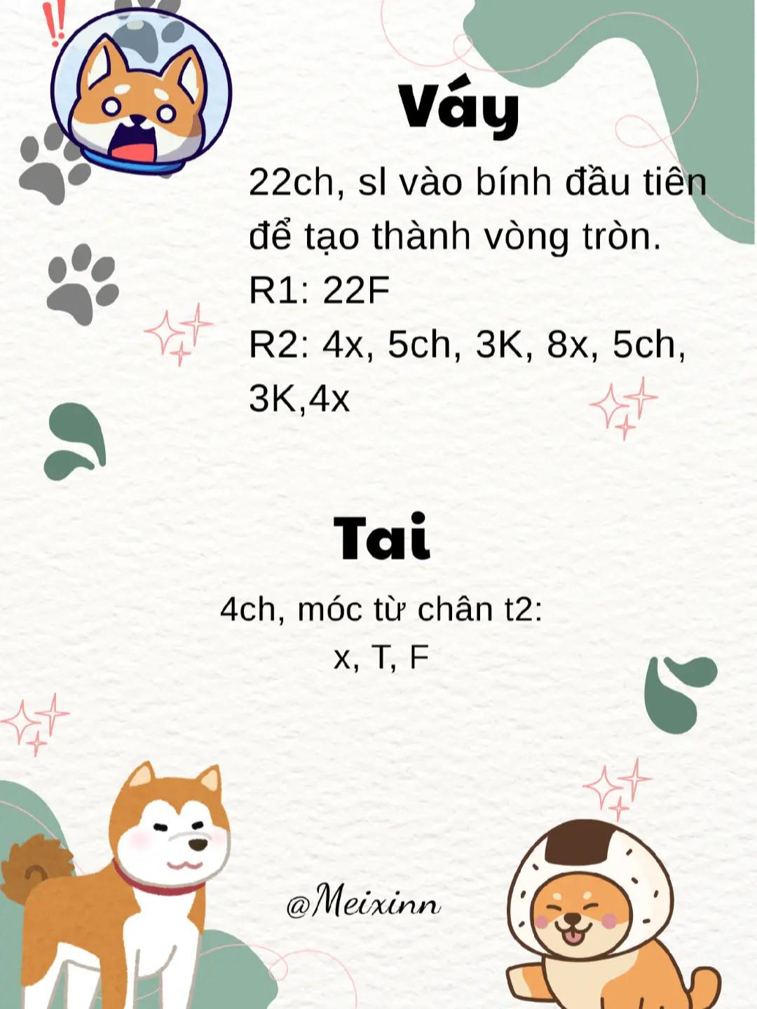 chart móc len shiba mặc váy