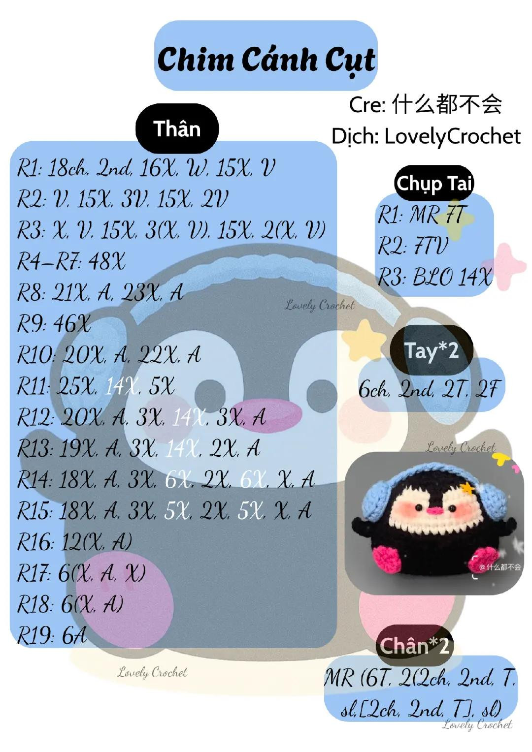 chim cánh cụt chart móc len