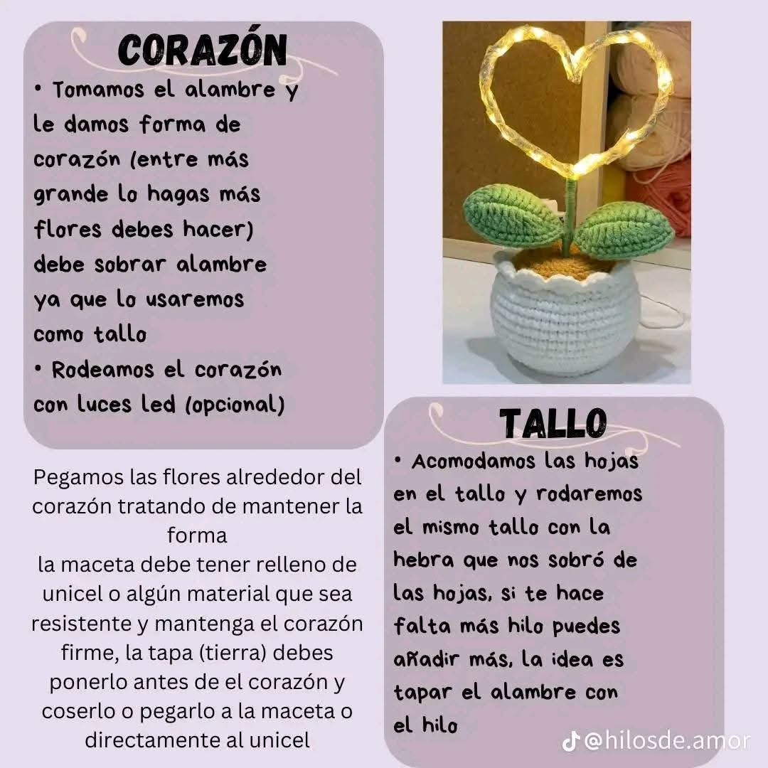 Corazón de flores tejido a crochet con luces LED decorativas