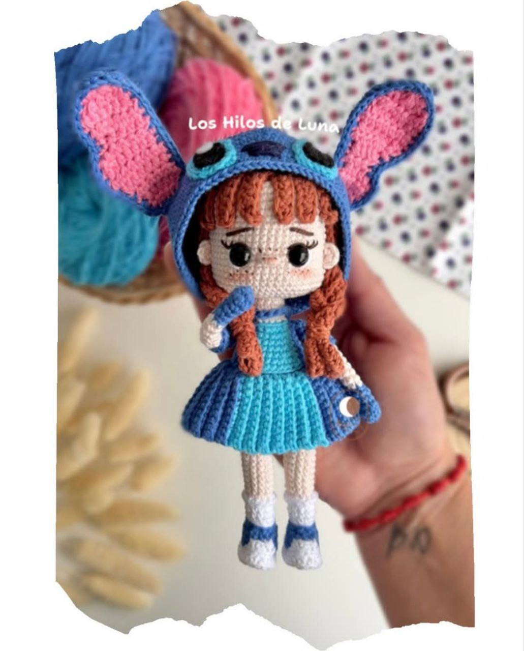 Cute Crochet Doll with Blue Dress and Animal Ears Hat