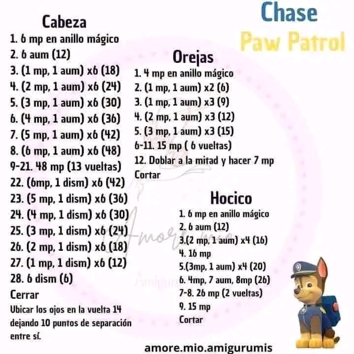 De patrón gratis para amigurumi de Chase de Paw Patrol