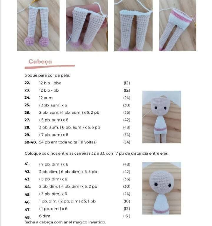 Desenho de Amigurumi de Boneca com Vestido Rosa e Cabelo Cacheado