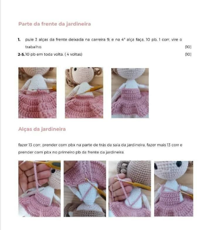 Desenho de Amigurumi de Boneca com Vestido Rosa e Cabelo Cacheado