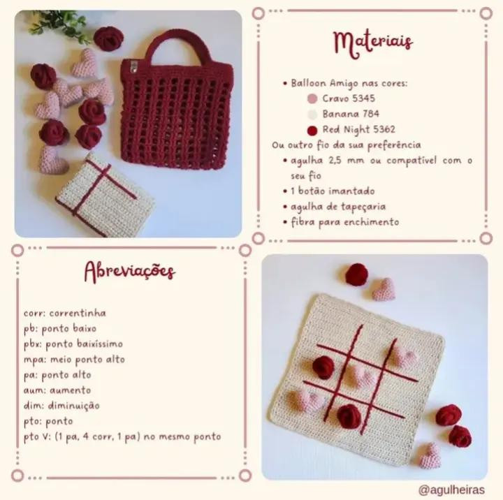 Jogo da Velha de Crochê com Corações e Rosas