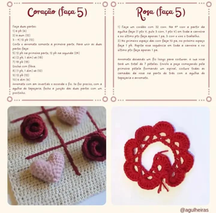 Jogo da Velha de Crochê com Corações e Rosas