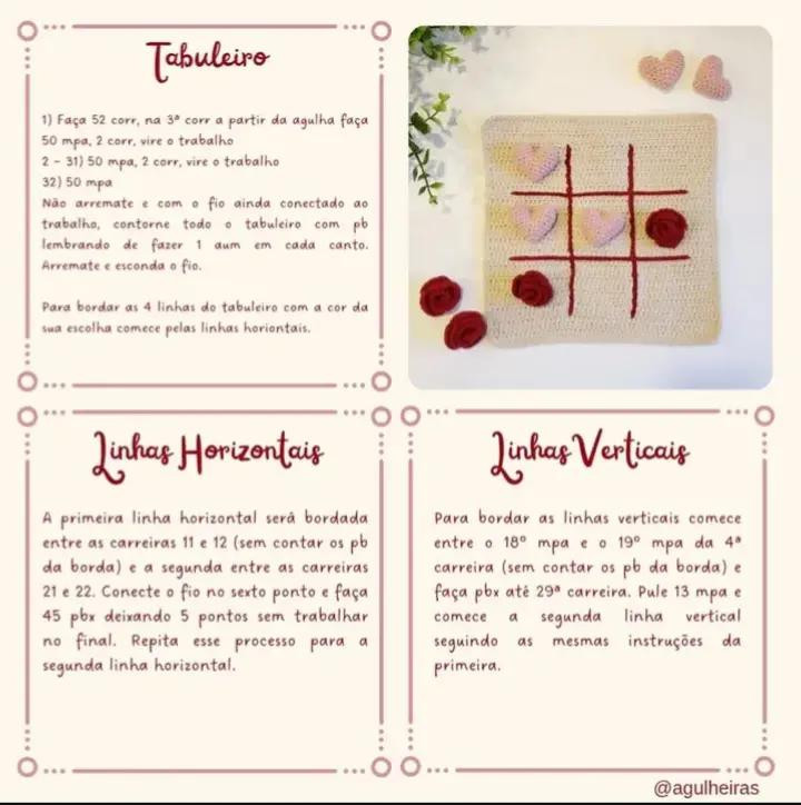 Jogo da Velha de Crochê com Corações e Rosas