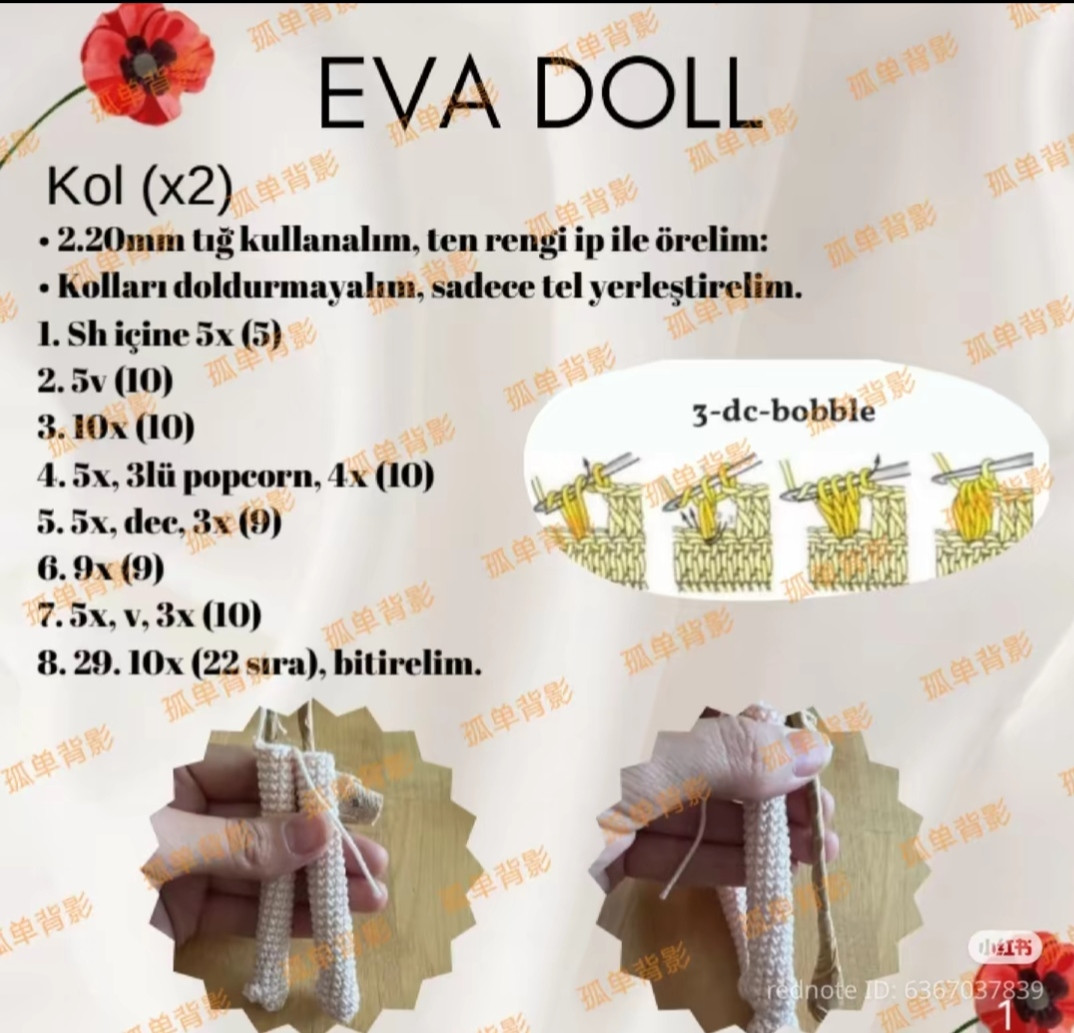 Kırmızı Çiçekli Amigurumi Bebek Yapımı İçin Ayrıntılı Makarna Örgü Şeması
