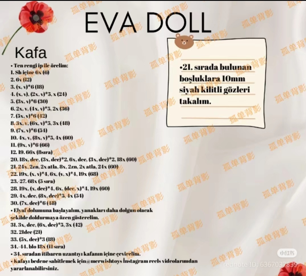 Kırmızı Çiçekli Amigurumi Bebek Yapımı İçin Ayrıntılı Makarna Örgü Şeması