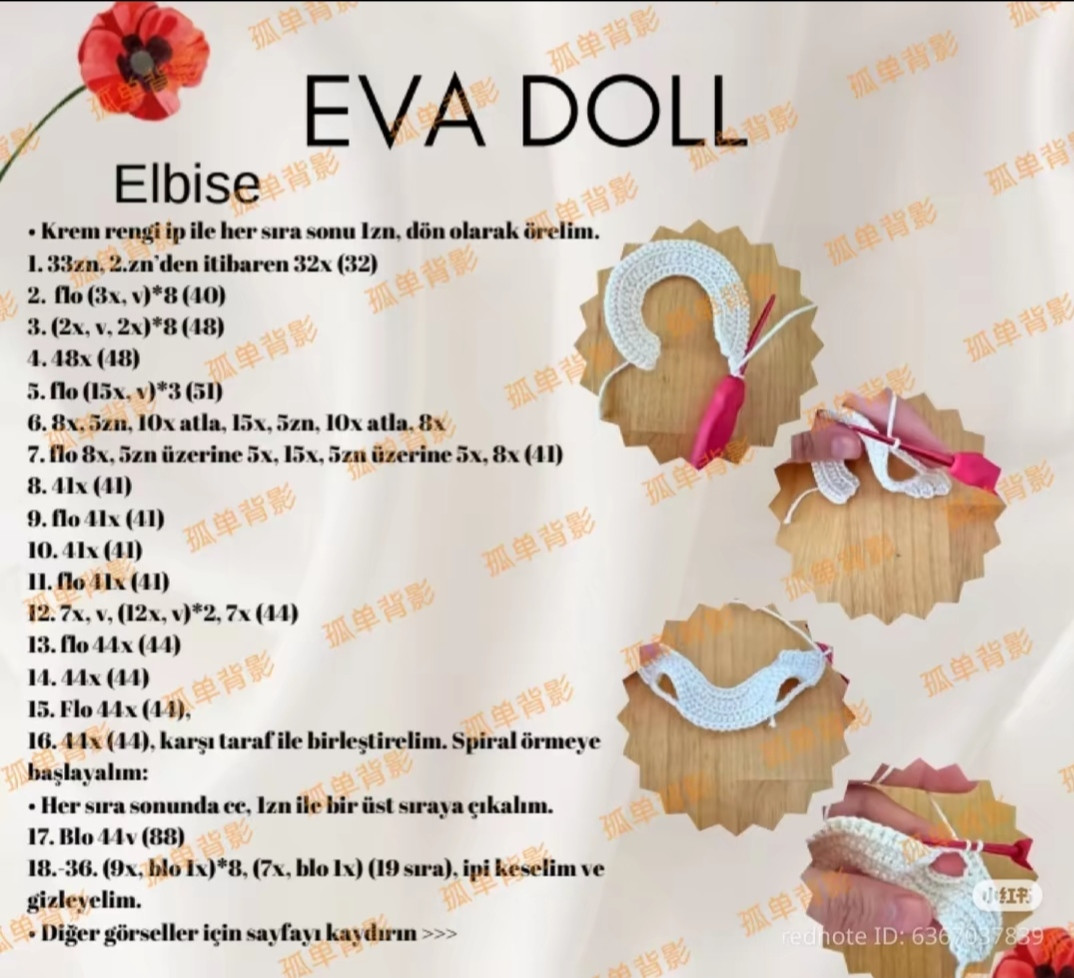 Kırmızı Çiçekli Amigurumi Bebek Yapımı İçin Ayrıntılı Makarna Örgü Şeması