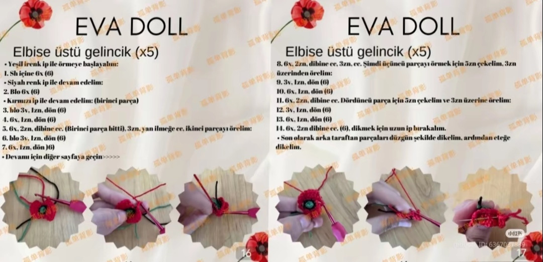 Kırmızı Çiçekli Amigurumi Bebek Yapımı İçin Ayrıntılı Makarna Örgü Şeması