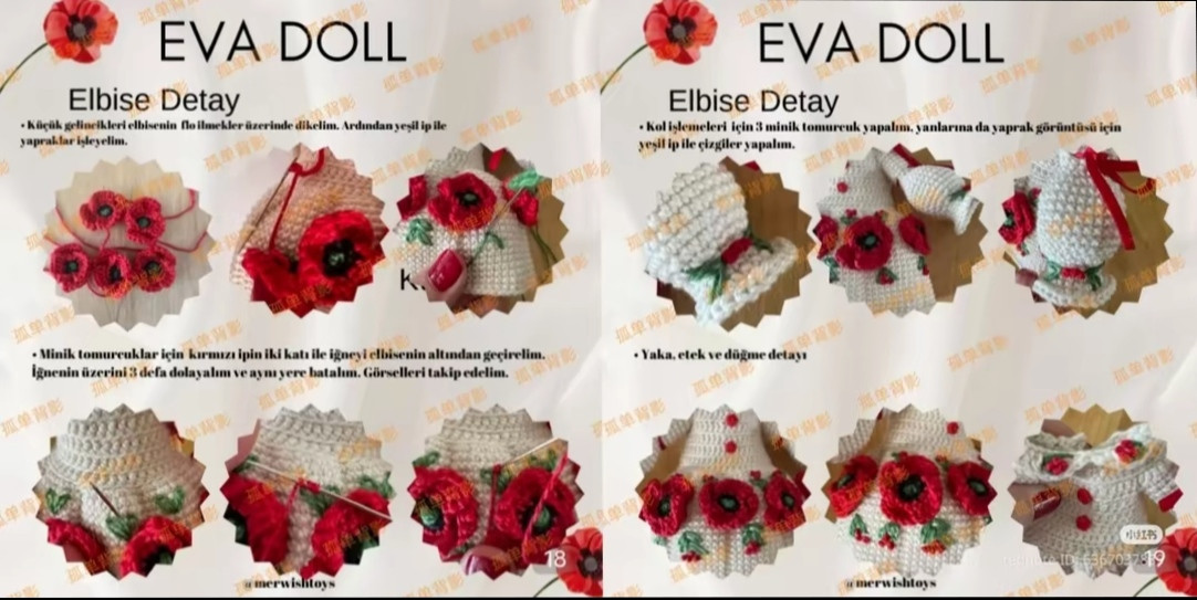 Kırmızı Çiçekli Amigurumi Bebek Yapımı İçin Ayrıntılı Makarna Örgü Şeması