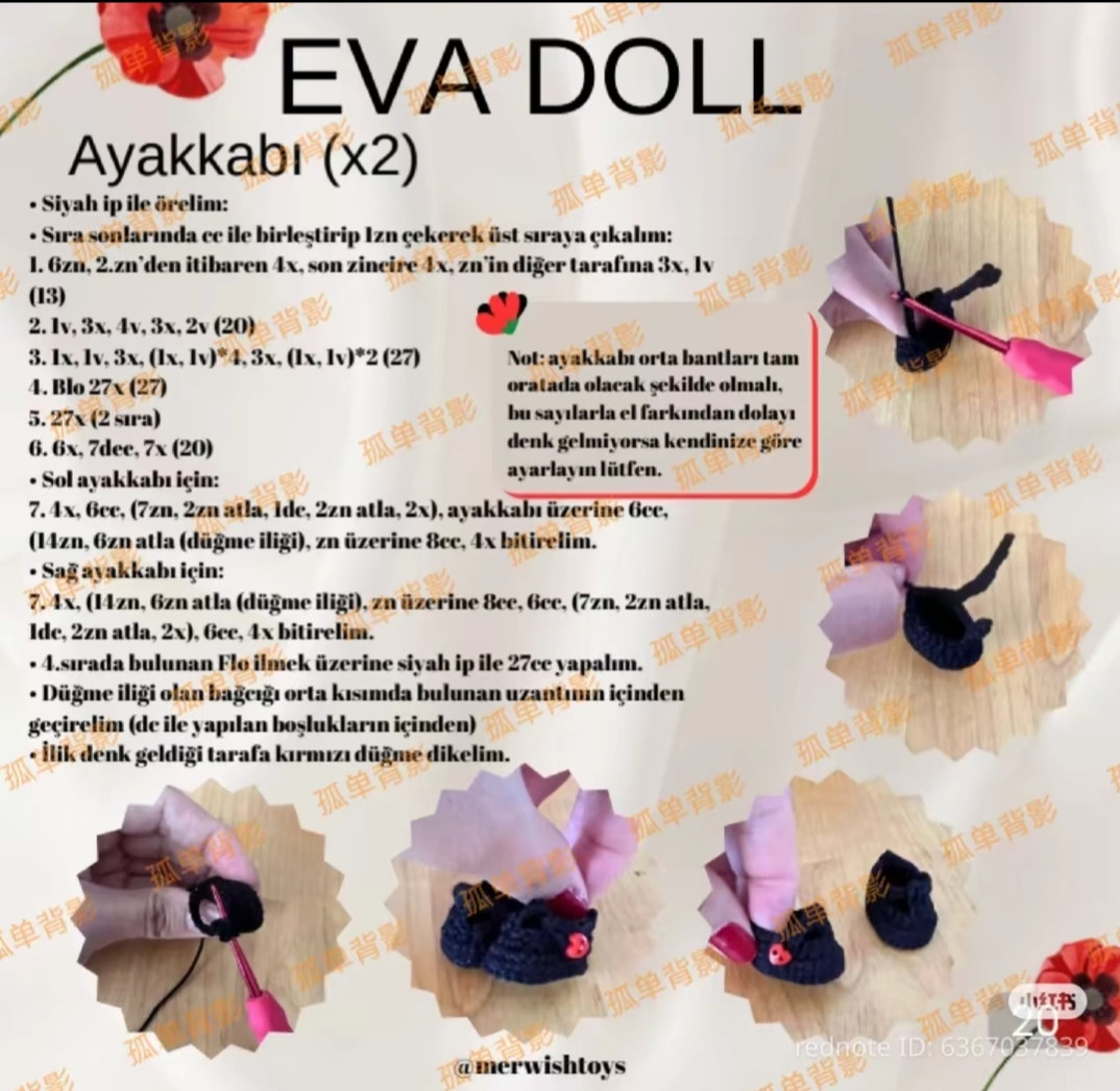 Kırmızı Çiçekli Amigurumi Bebek Yapımı İçin Ayrıntılı Makarna Örgü Şeması