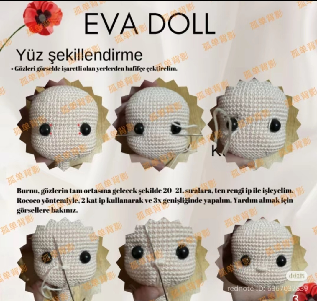 Kırmızı Çiçekli Amigurumi Bebek Yapımı İçin Ayrıntılı Makarna Örgü Şeması