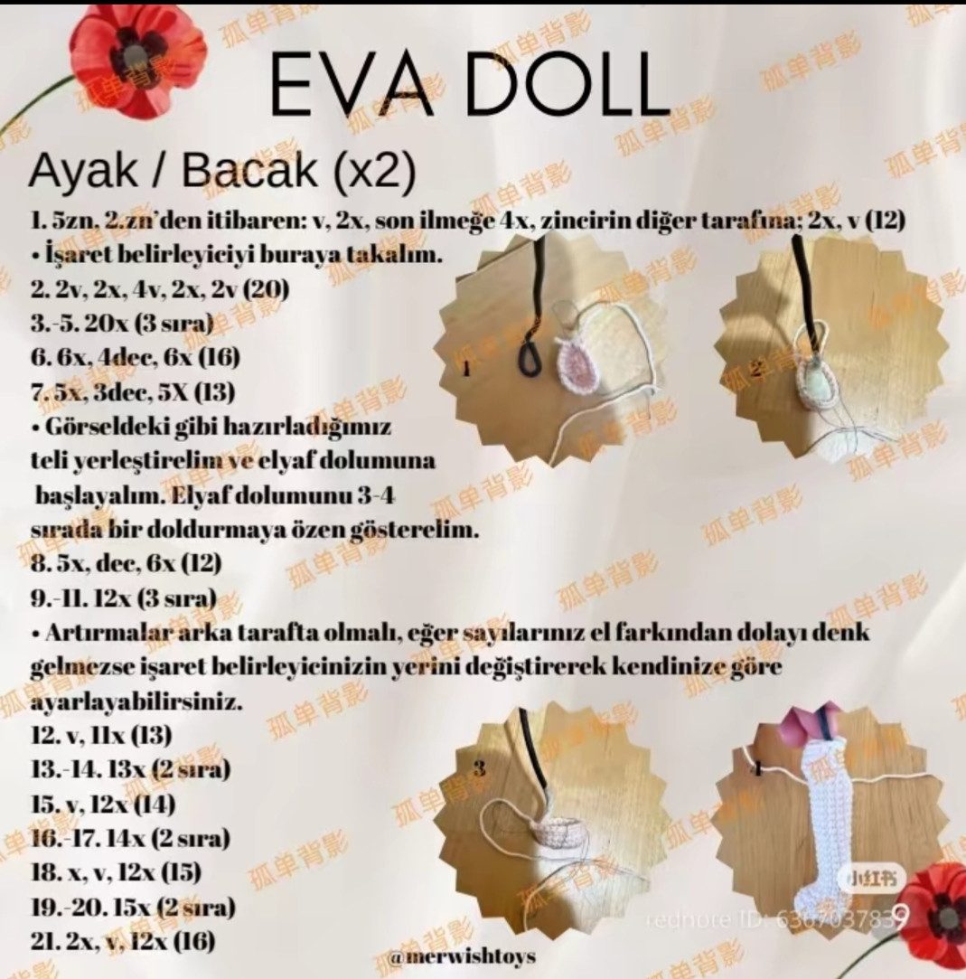 Kırmızı Çiçekli Amigurumi Bebek Yapımı İçin Ayrıntılı Makarna Örgü Şeması