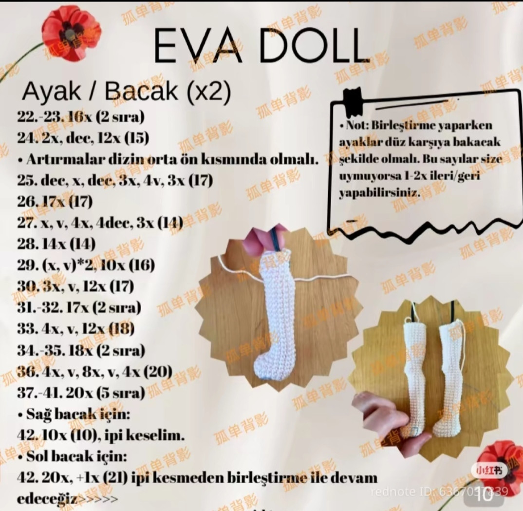 Kırmızı Çiçekli Amigurumi Bebek Yapımı İçin Ayrıntılı Makarna Örgü Şeması