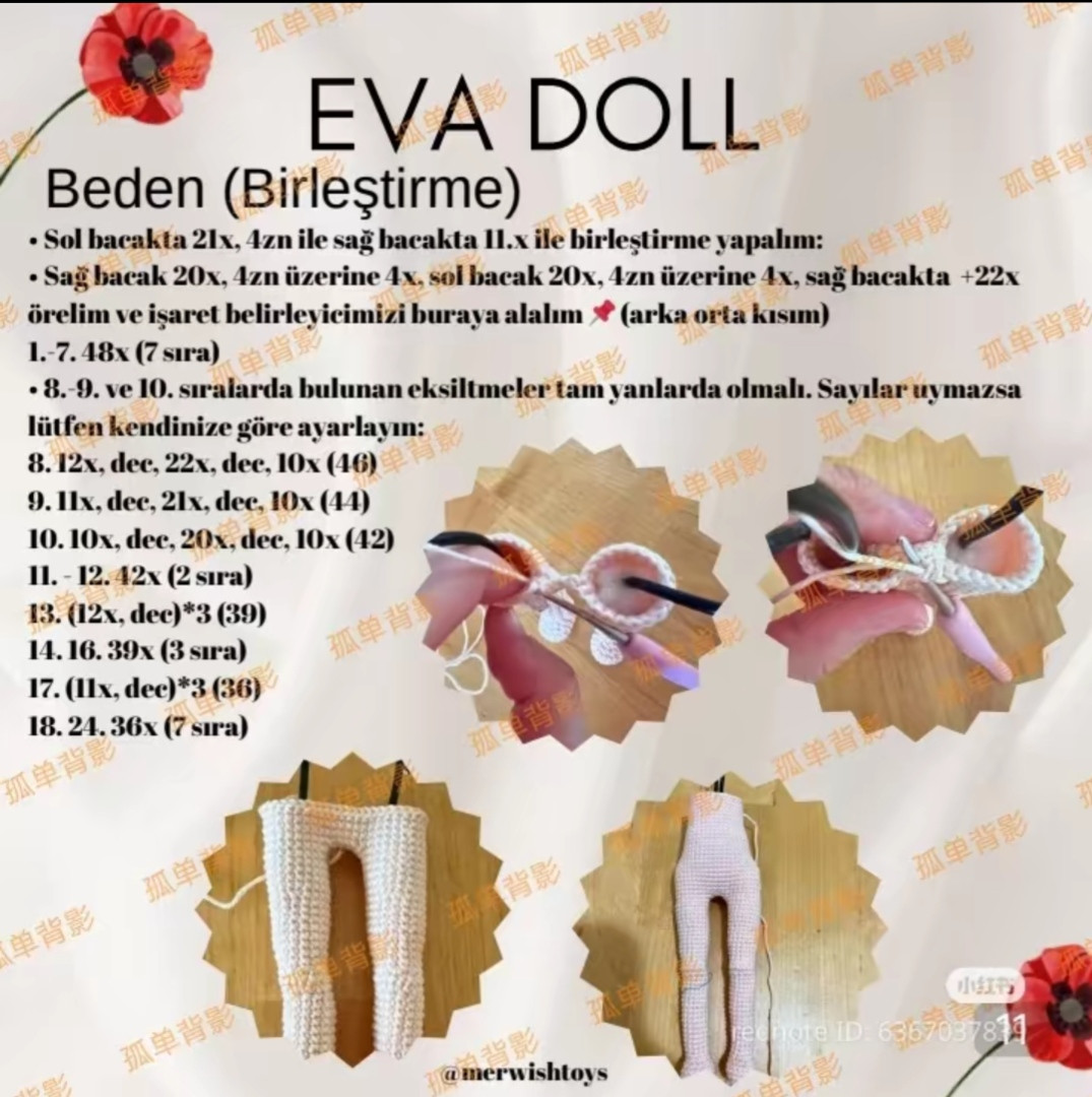 Kırmızı Çiçekli Amigurumi Bebek Yapımı İçin Ayrıntılı Makarna Örgü Şeması