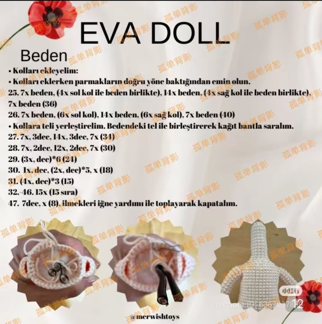 Kırmızı Çiçekli Amigurumi Bebek Yapımı İçin Ayrıntılı Makarna Örgü Şeması