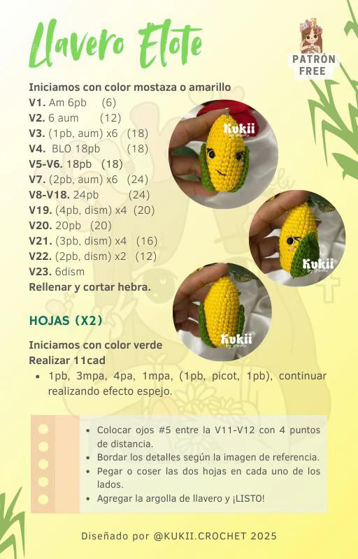 Llavero de Elote de Crochet: Patrón Gratuito de Kukii