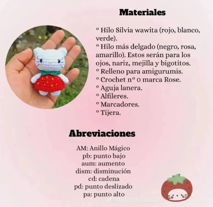 Mini gatito fresita de amigurumi: patrón detallado para crochetear.