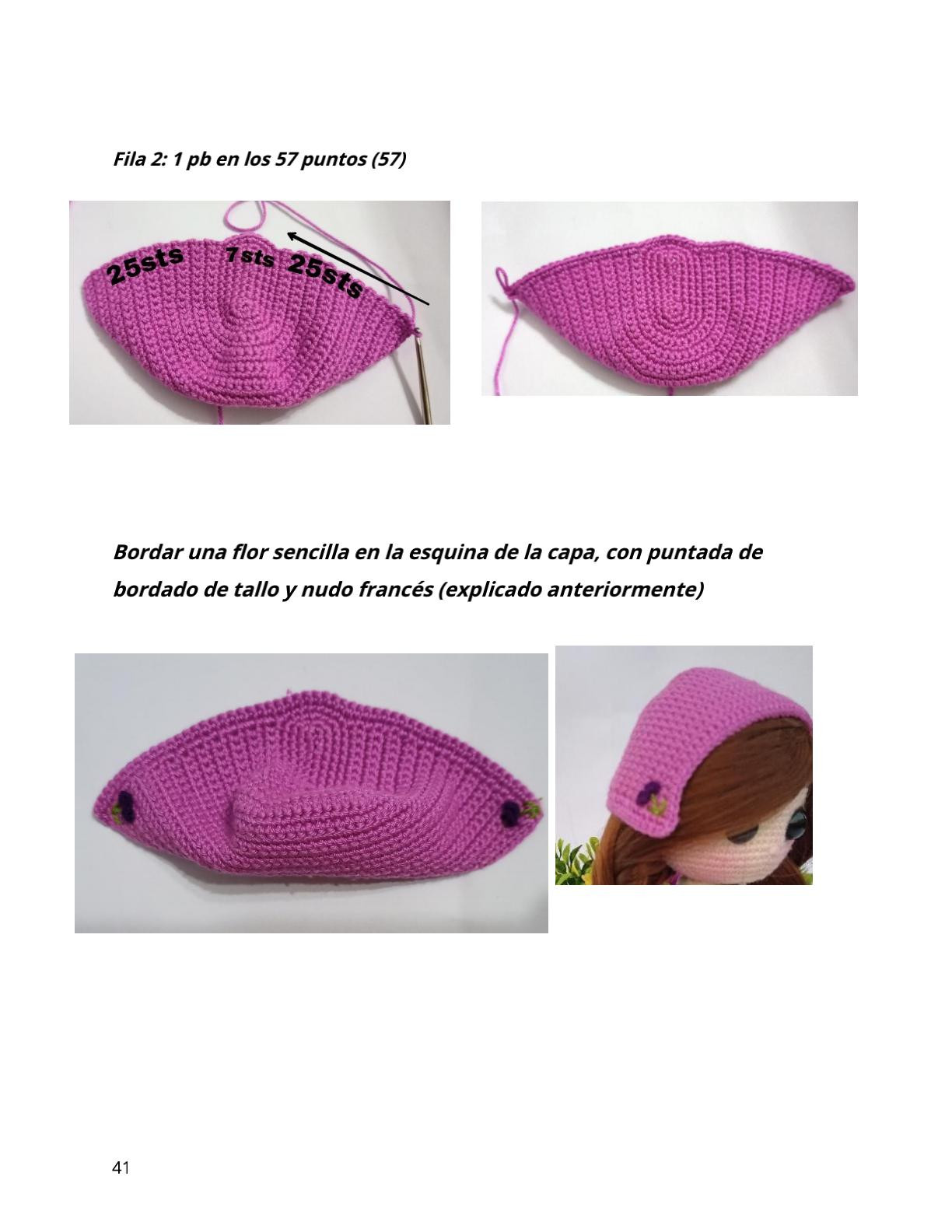 Muñeca Amigurumi con vestido azul y capa rosa para tejer a crochet