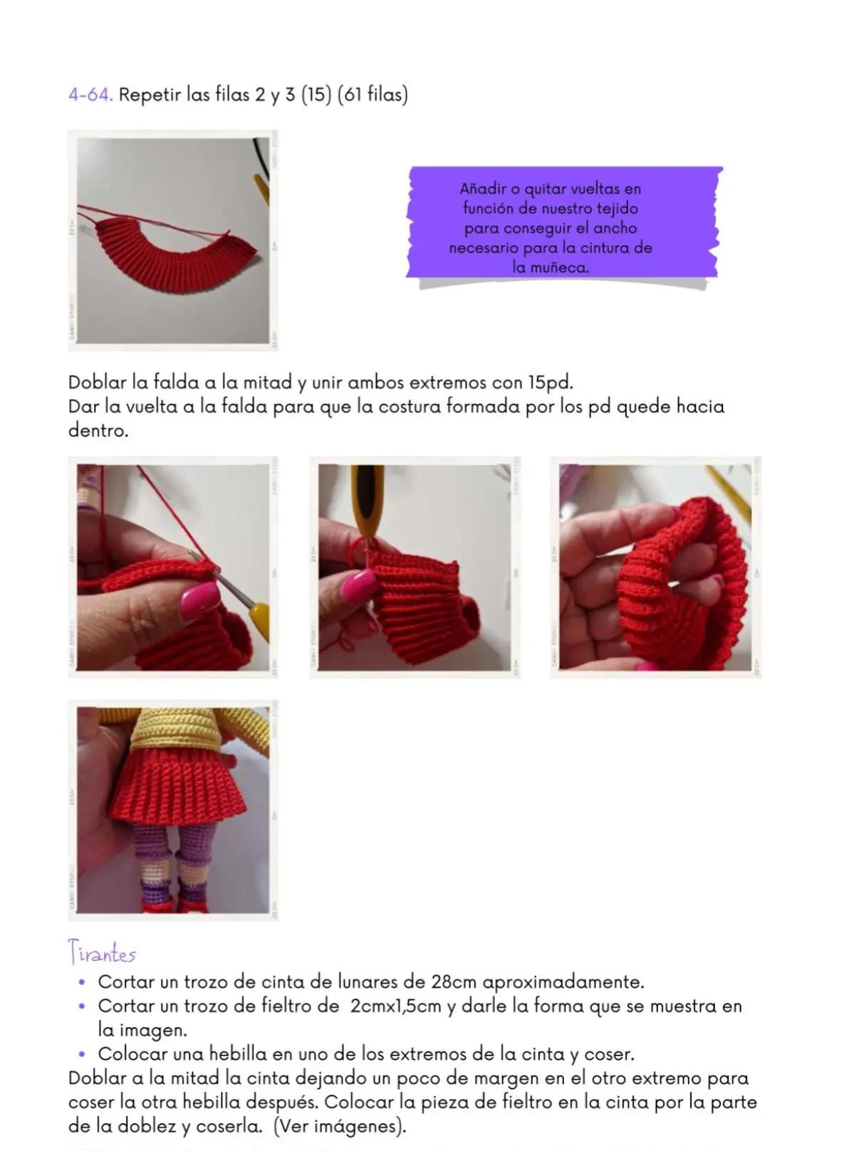 Muñeca de crochet con auriculares y falda roja vibrante