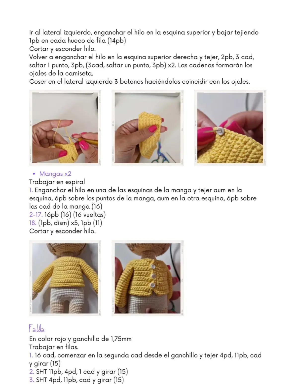 Muñeca de crochet con auriculares y falda roja vibrante