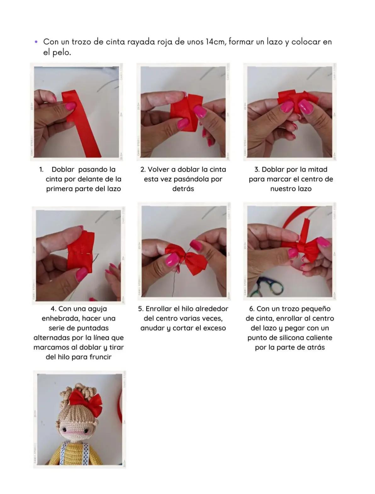Muñeca de crochet con auriculares y falda roja vibrante