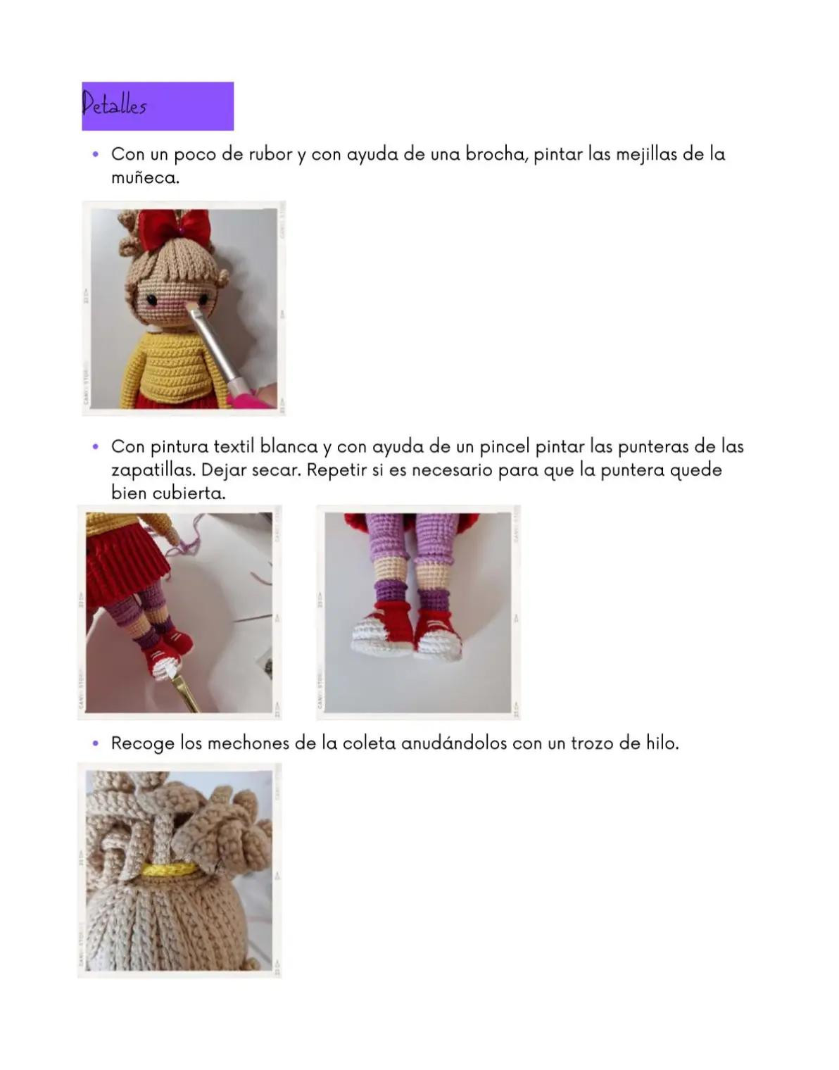 Muñeca de crochet con auriculares y falda roja vibrante