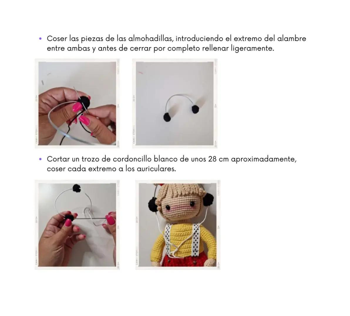Muñeca de crochet con auriculares y falda roja vibrante