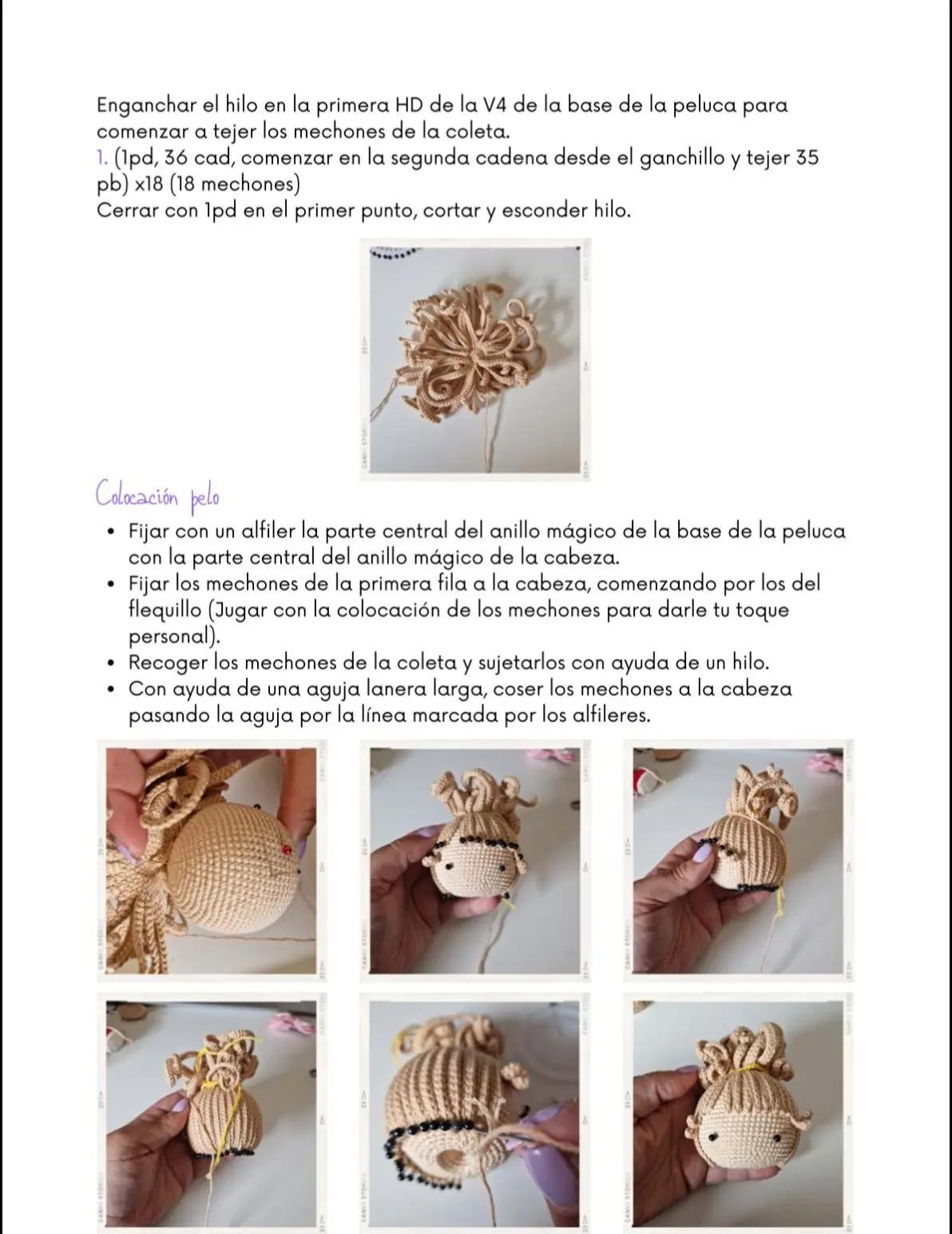 Muñeca de crochet con auriculares y falda roja vibrante