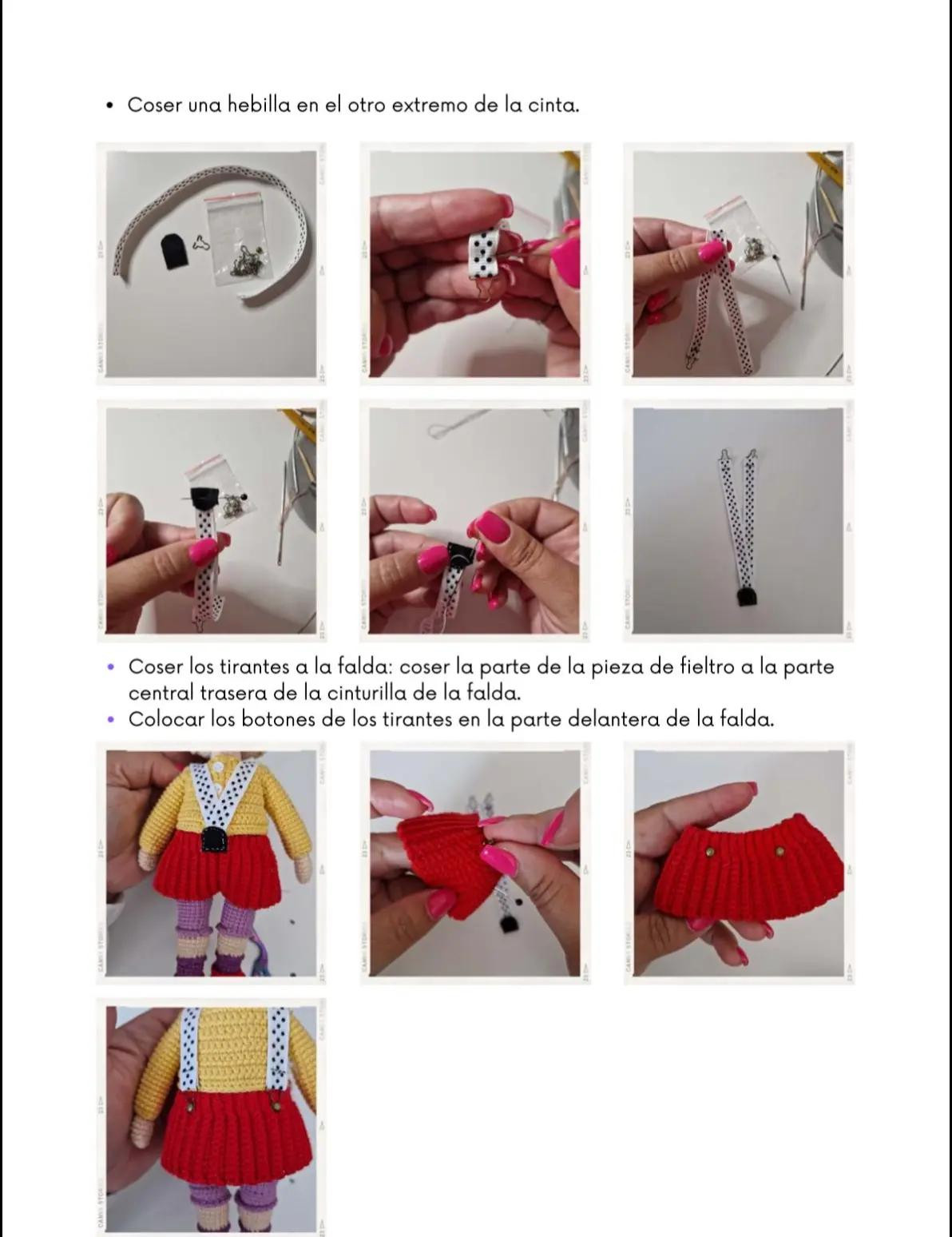 Muñeca de crochet con auriculares y falda roja vibrante