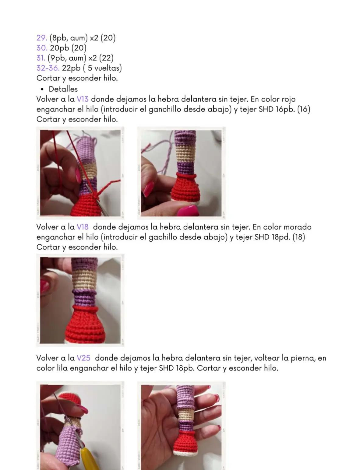 Muñeca de crochet con auriculares y falda roja vibrante