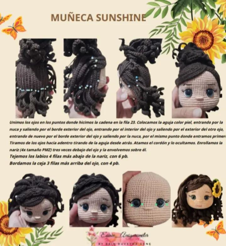 Muñeca de crochet con vestido blanco adornado con girasoles amarillos
