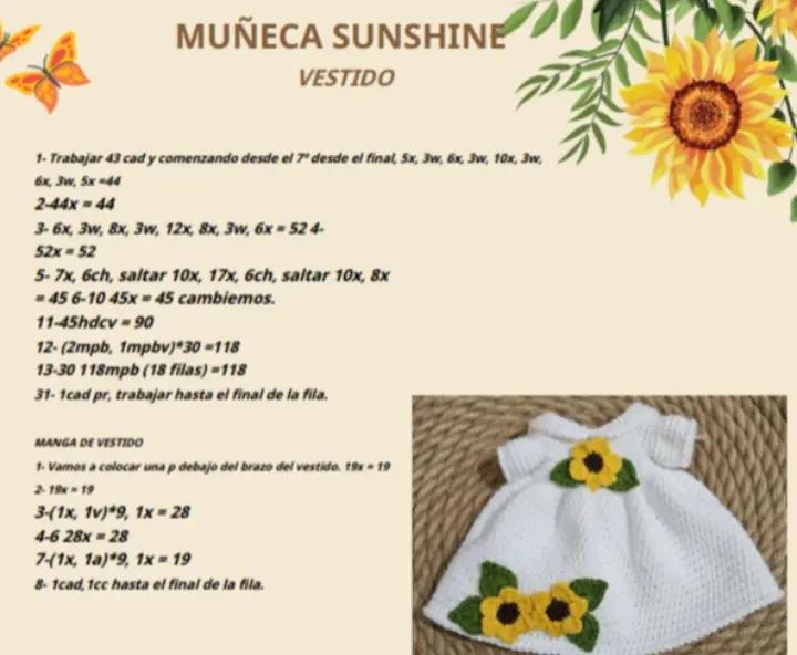 Muñeca de crochet con vestido blanco adornado con girasoles amarillos