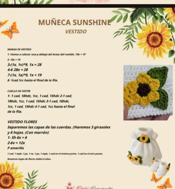 Muñeca de crochet con vestido blanco adornado con girasoles amarillos