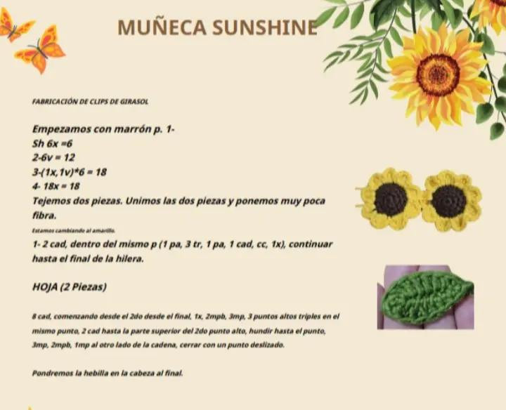 Muñeca de crochet con vestido blanco adornado con girasoles amarillos