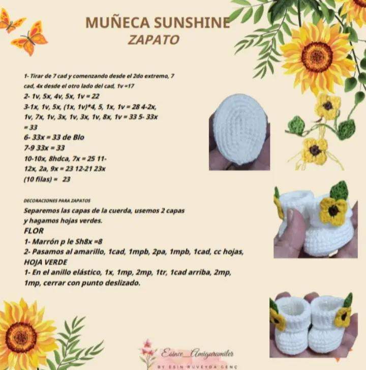Muñeca de crochet con vestido blanco adornado con girasoles amarillos