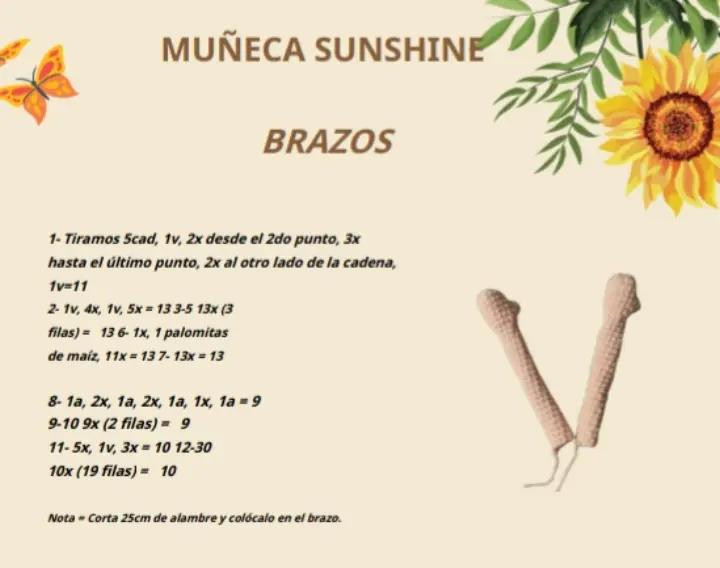 Muñeca de crochet con vestido blanco adornado con girasoles amarillos